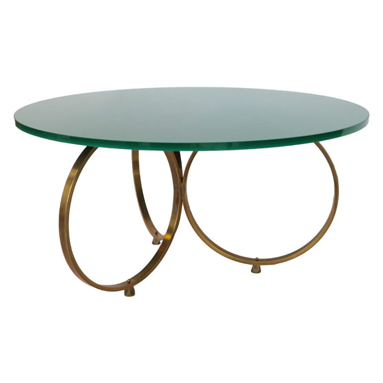 Custom "Isay" Brass Coffee Table with Reverse Painted Glass Top