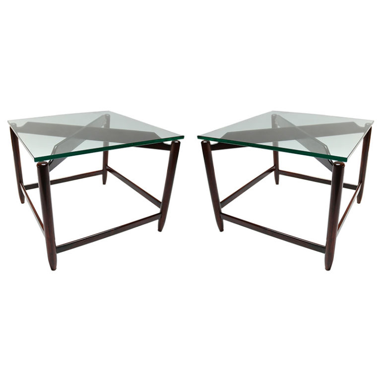 Set of 2 Custom "Isay" Brass Coffee Tables with Reverse Painted Glass
