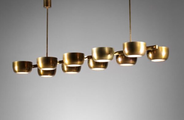 Custom Large Mid Century Style Rectangular Chandelier with Brass Cups - Image 2