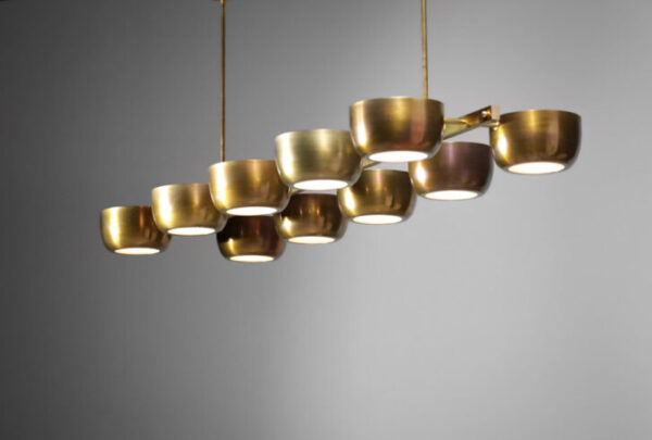 Custom Large Mid Century Style Rectangular Chandelier with Brass Cups - Image 4