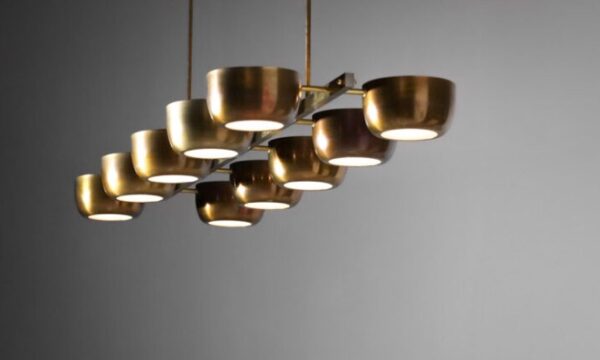 Custom Large Mid Century Style Rectangular Chandelier with Brass Cups - Image 3